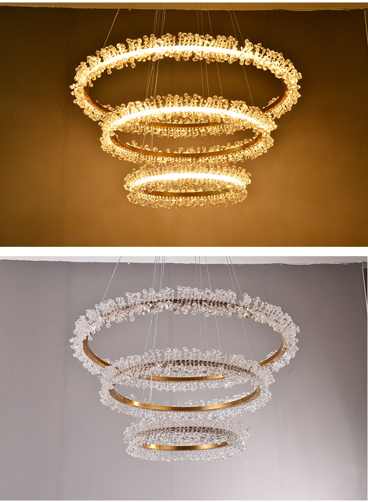 Nordic Modern Design LED Dinner Hanging Pendant Light Chinese K9 Crystal 3 Rings Chandelier