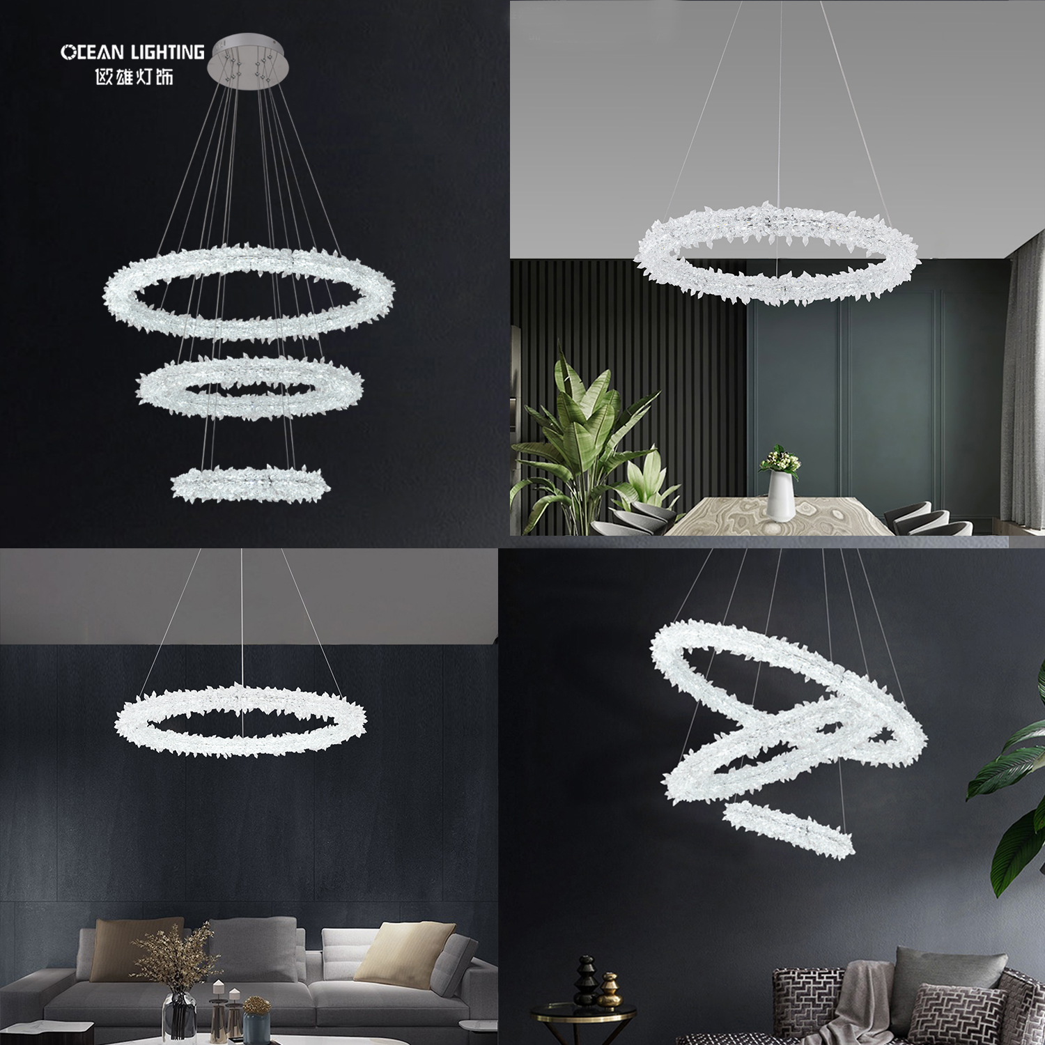 Nordic LED Pendant Lamp Dining 3 Layers Ring Chinese K9 Crystal Chandelier