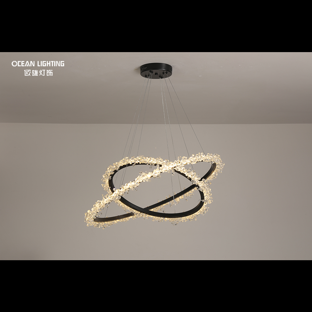 Modern Design LED Pendant Light Black And Copper Chinese K9 Crystal 2 Rings Chandelier